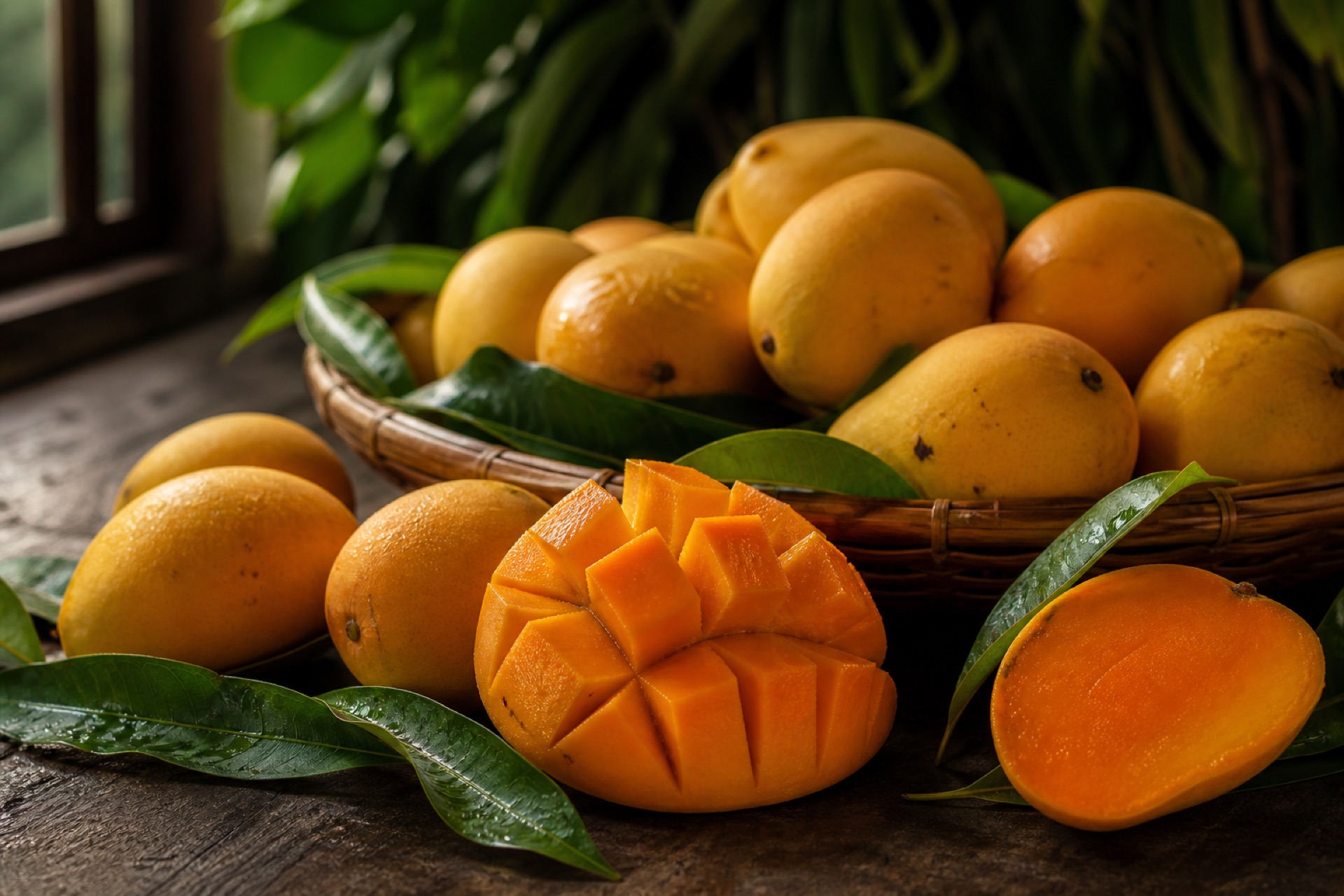 Ripe Konkan Hapus Alphonso mangoes with golden saffron pulp - authentic bulk mango pulp origin