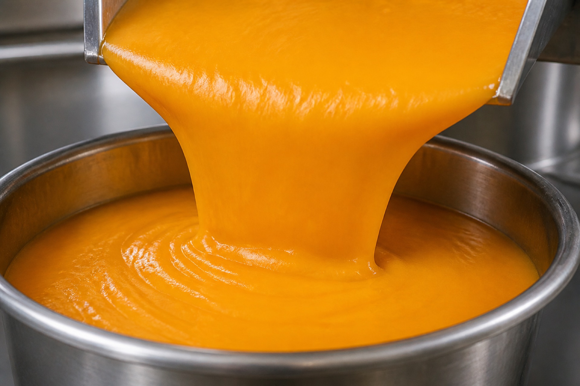 Thick authentic Hapus Alphonso mango pulp poured for bulk food processing