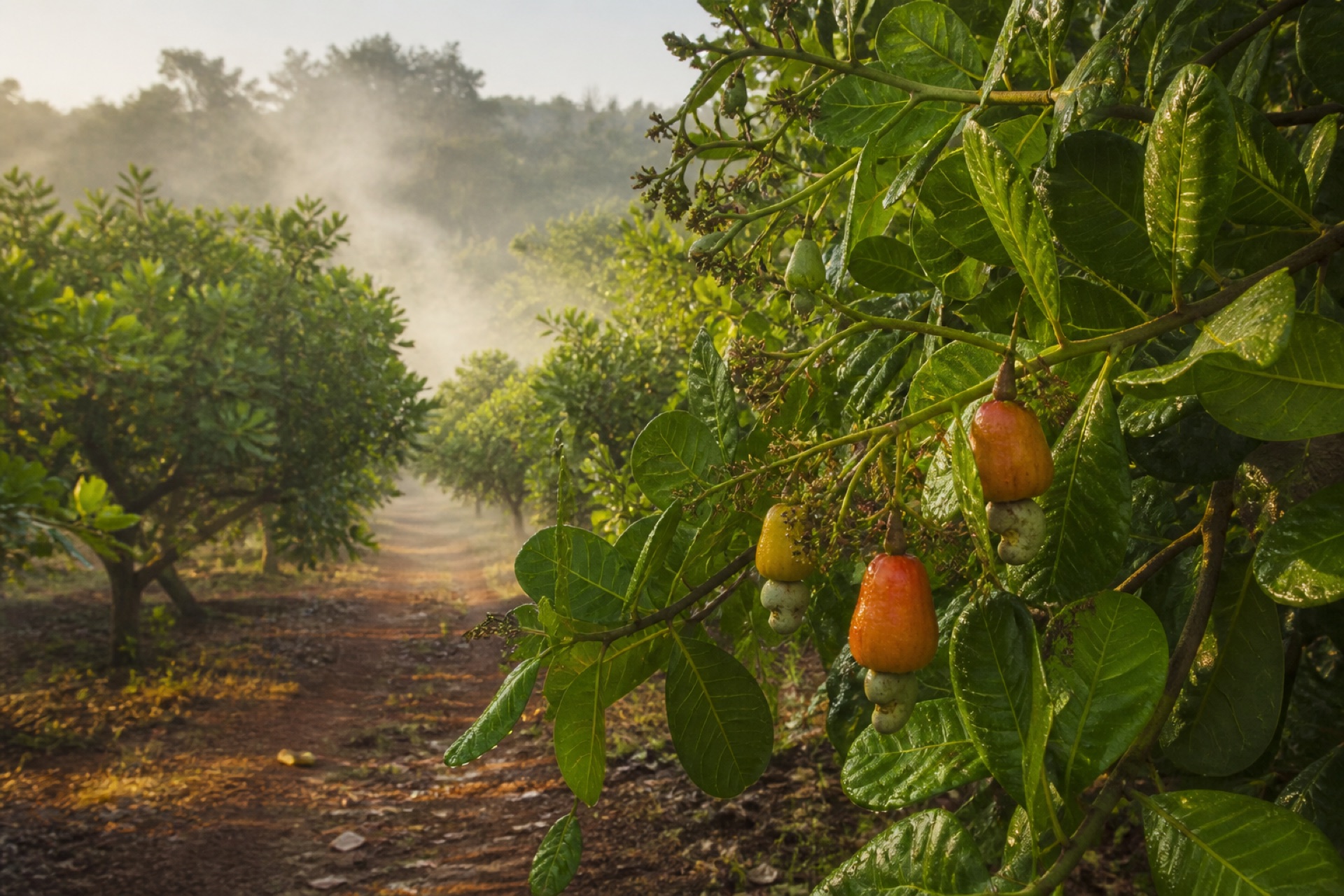 Morning mist drifting through a Konkan cashew orchard in Maharashtra
