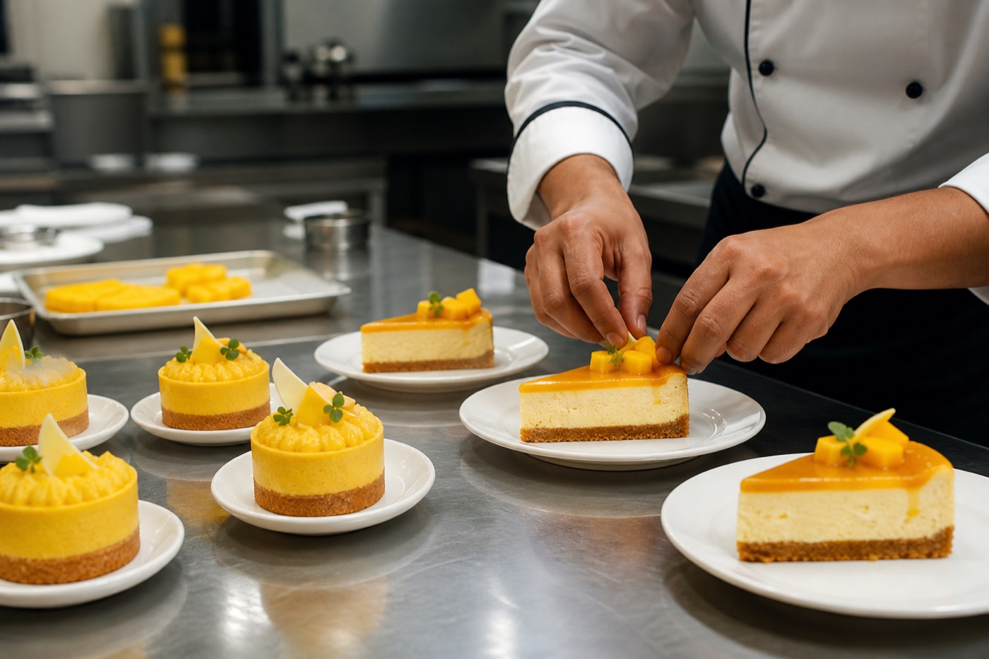 Hotel pastry kitchen plating mango desserts with Alphonso pulp
