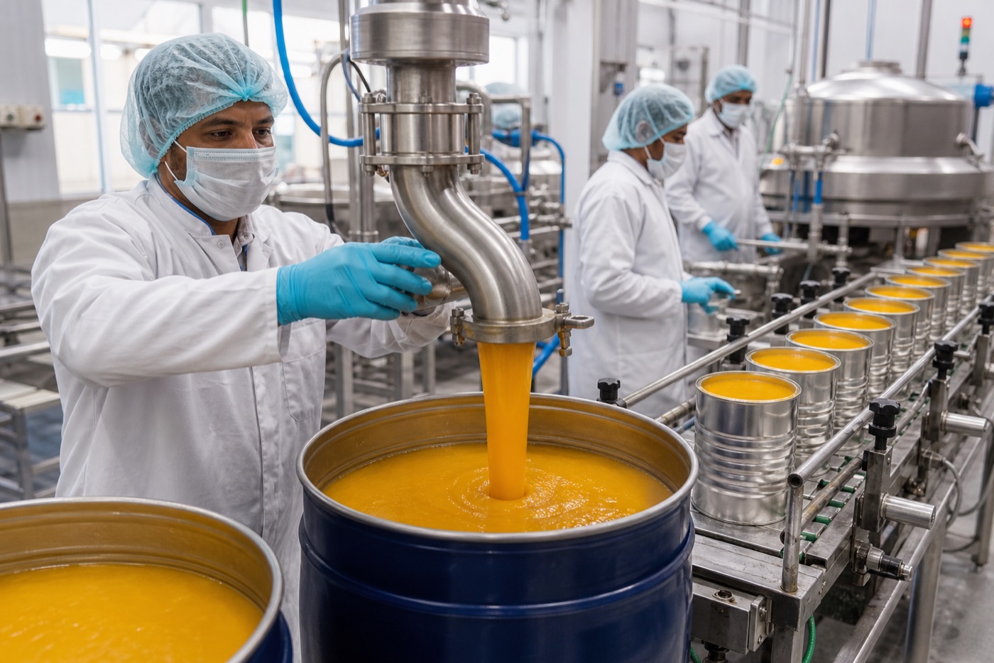 Food processing plant filling bulk Hapus mango pulp drums for export