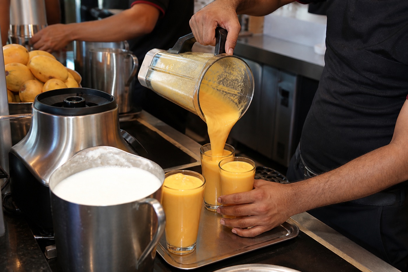 Mango lassi being poured at a café beverage counter with Hapus pulp