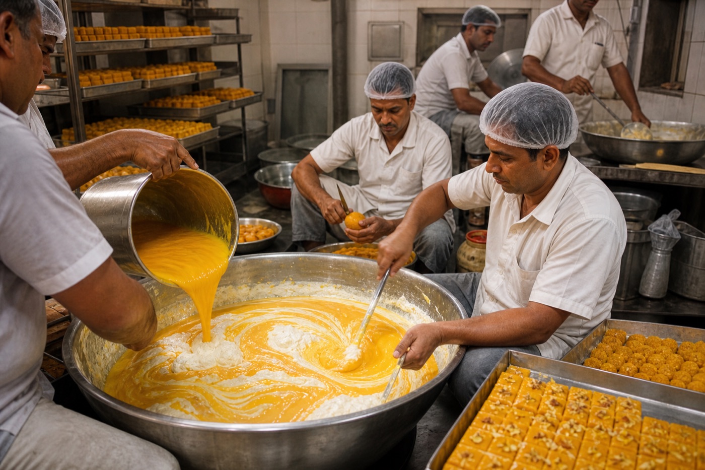 Sweet shop kitchen mixing Hapus mango pulp into amrakhand shrikhand