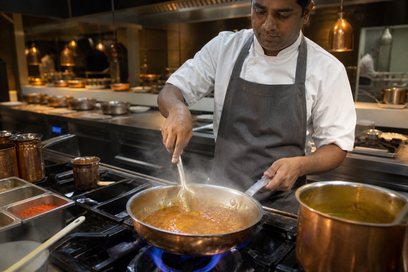 Restaurant kitchen reducing Hapus mango pulp into chutney glaze